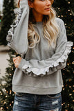Florcoo Loose Round Neck Ruffled Long Sleeves Tops