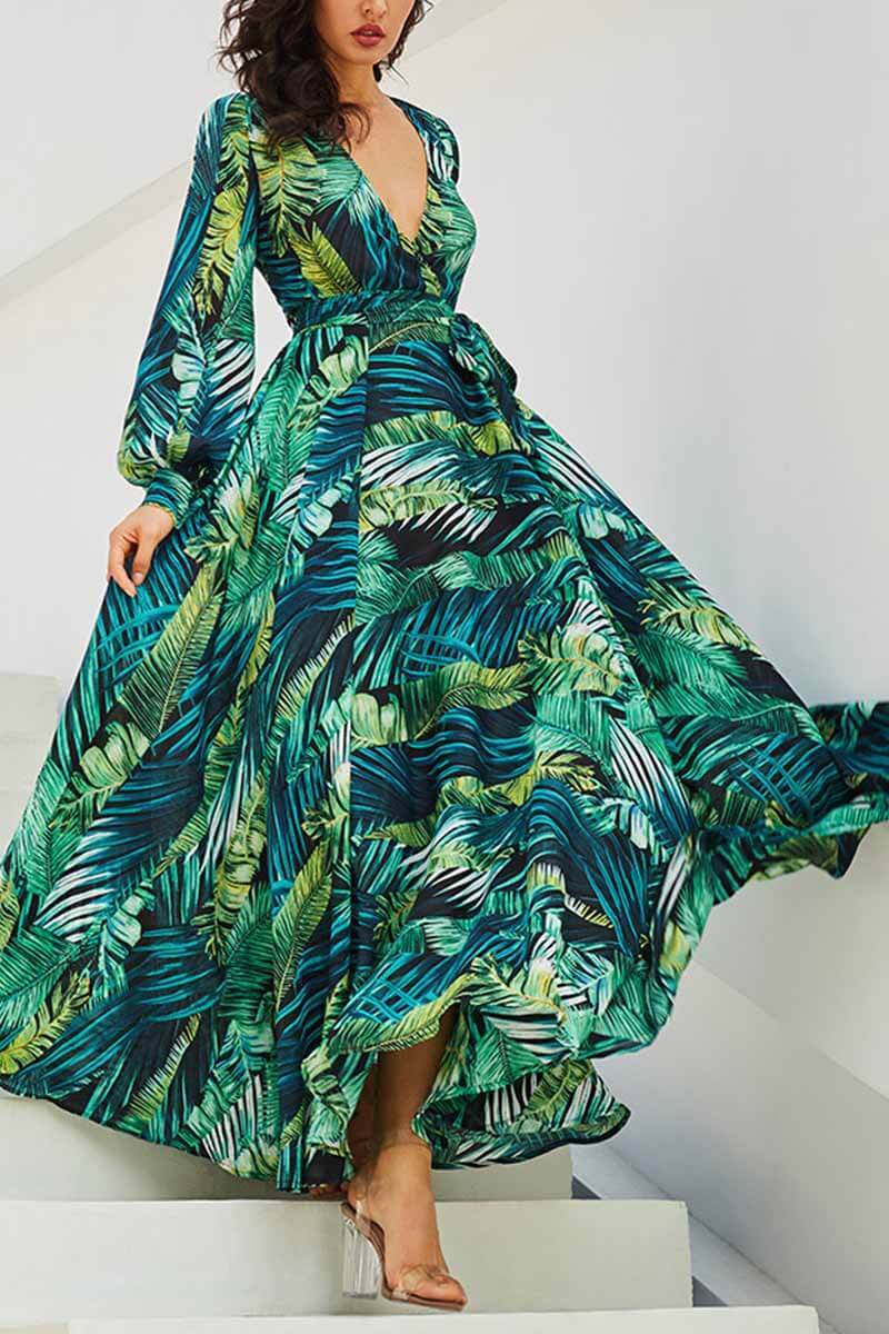 Florcoo V-Neck Leaf Print Maxi Dress