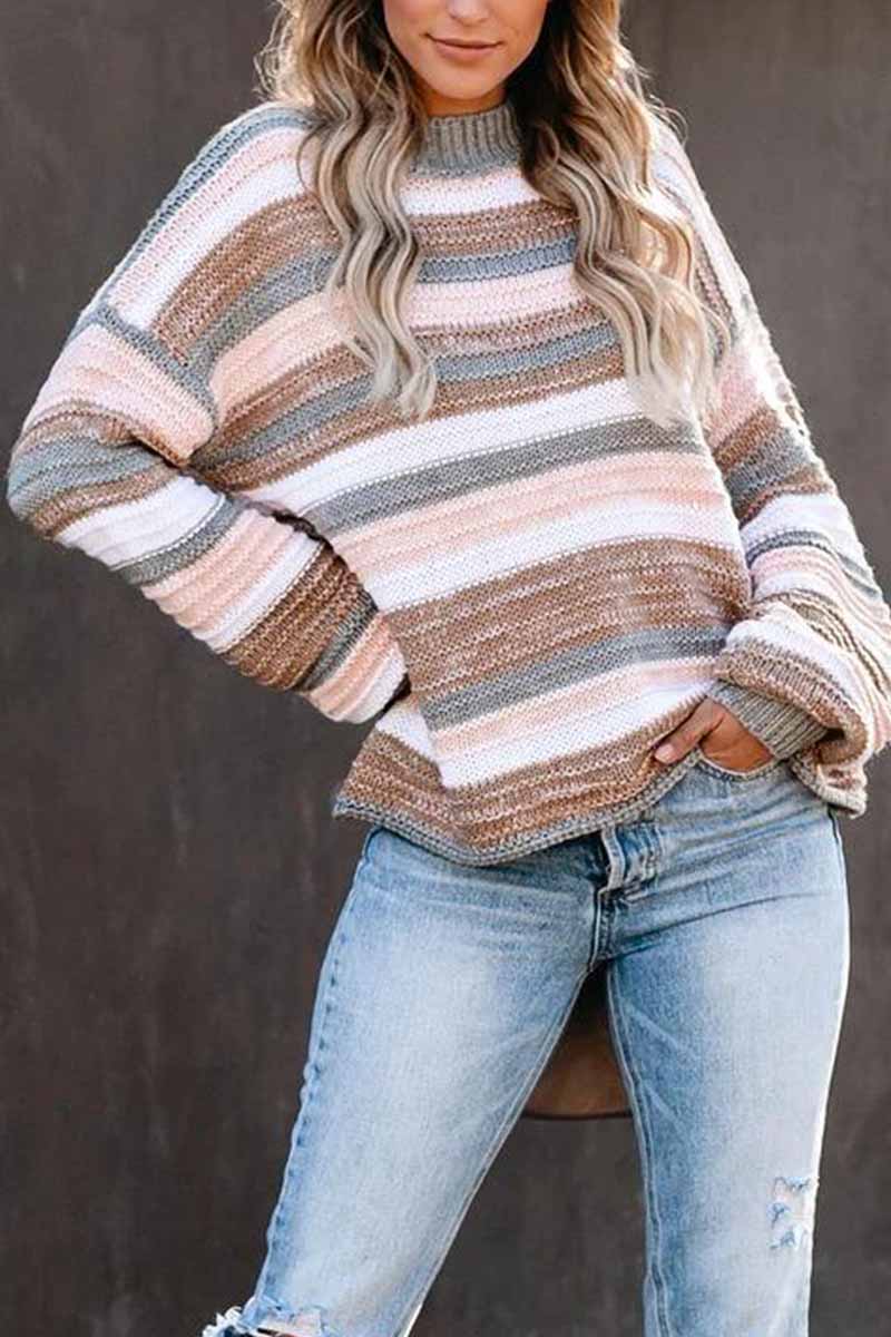 Florcoo O-neck Stitching Striped Long-Sleeved sweater
