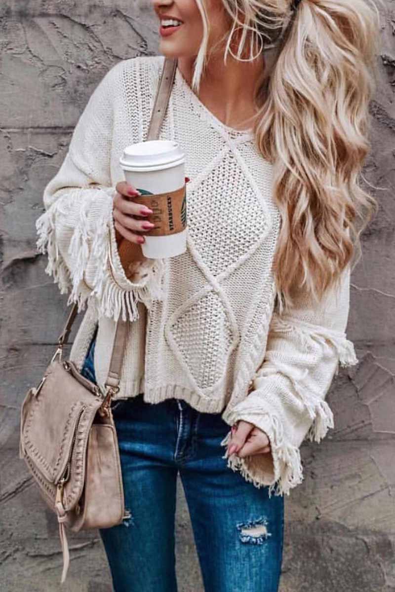 Florcoo Solid Color Knitted Tassel Sweater