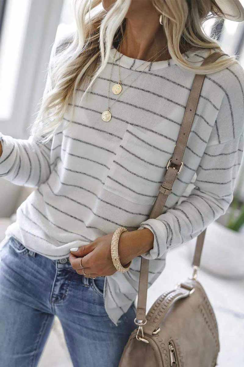 Florcoo Striped  With Pocket Long Sleeve Top