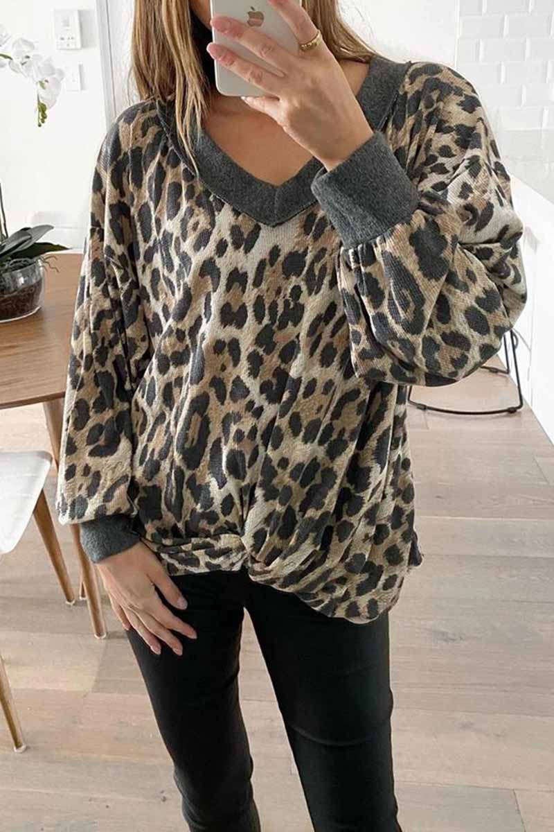 Florcoo V-neck Long Sleeve Leopard Print Pullover Tops