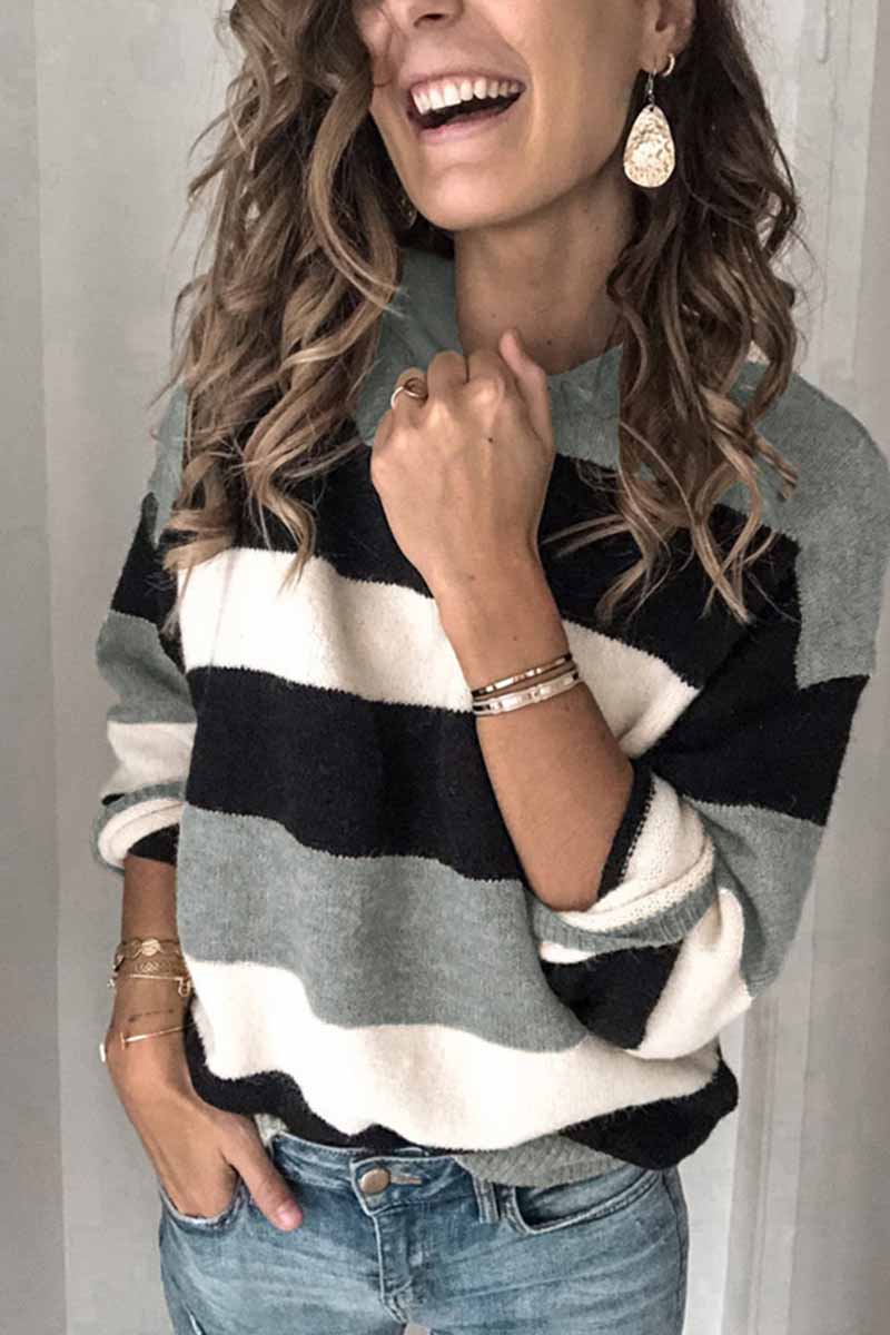 Florcoo Striped O-Neck Contrast Sweater(3 Colors)