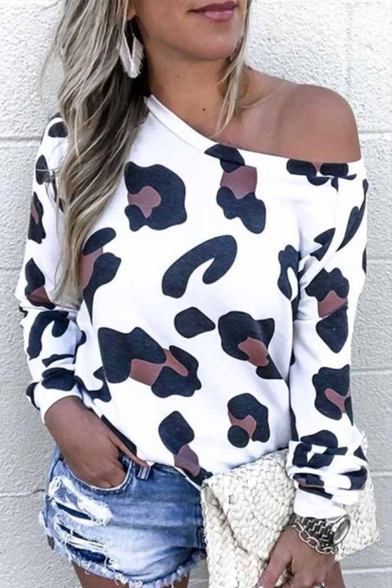 Florcoo Sexy Off-Shoulder Leopard O-Neck Top