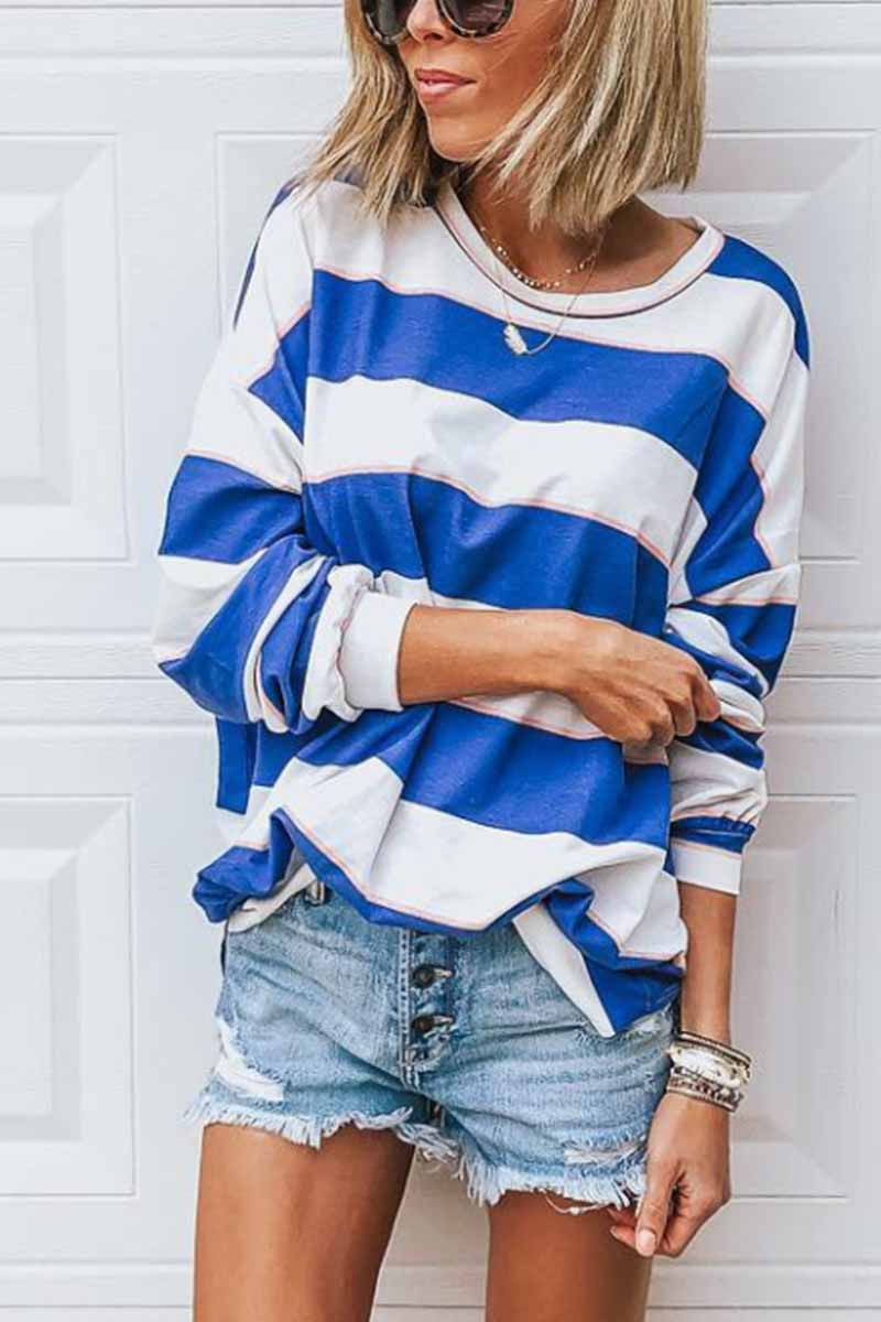 Florcoo Loose Round Neck Striped T-shirt