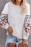 Florcoo Round Neck And Long Sleeves Embroidery Contrast Color Tops