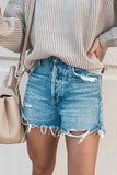 Florcoo Summer Loose Button Ripped Fringed Denim Shorts