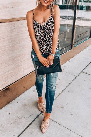 Florcoo V Neck Leopard Printed Brown Tank Top