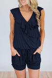 Florcoo V Neck Ruffle Design Romper--Dark Blue