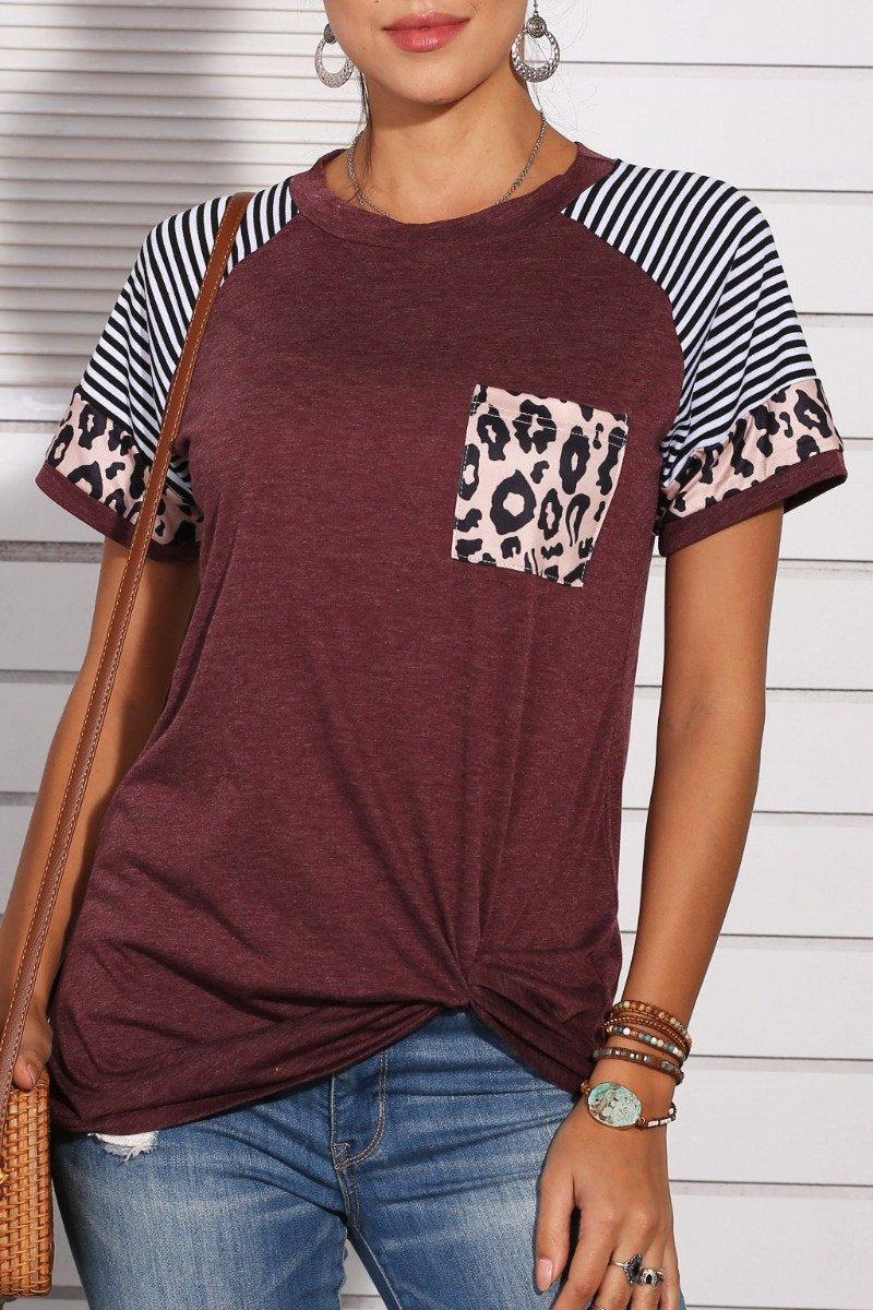 Florcoo Patchwork Leopard Striped Wine Red T-shirt