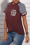 Florcoo Patchwork Leopard Striped Wine Red T-shirt