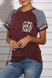 Florcoo Patchwork Leopard Striped Wine Red T-shirt