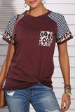 Florcoo Patchwork Leopard Striped Wine Red T-shirt