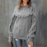 Florcoo Round Neck Loose Tassel Twist Solid Color Sweater