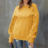Florcoo Round Neck Loose Tassel Twist Solid Color Sweater
