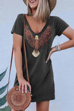 Florcoo Loose V-Neck Eagle Print Short Sleeves Mini Dress