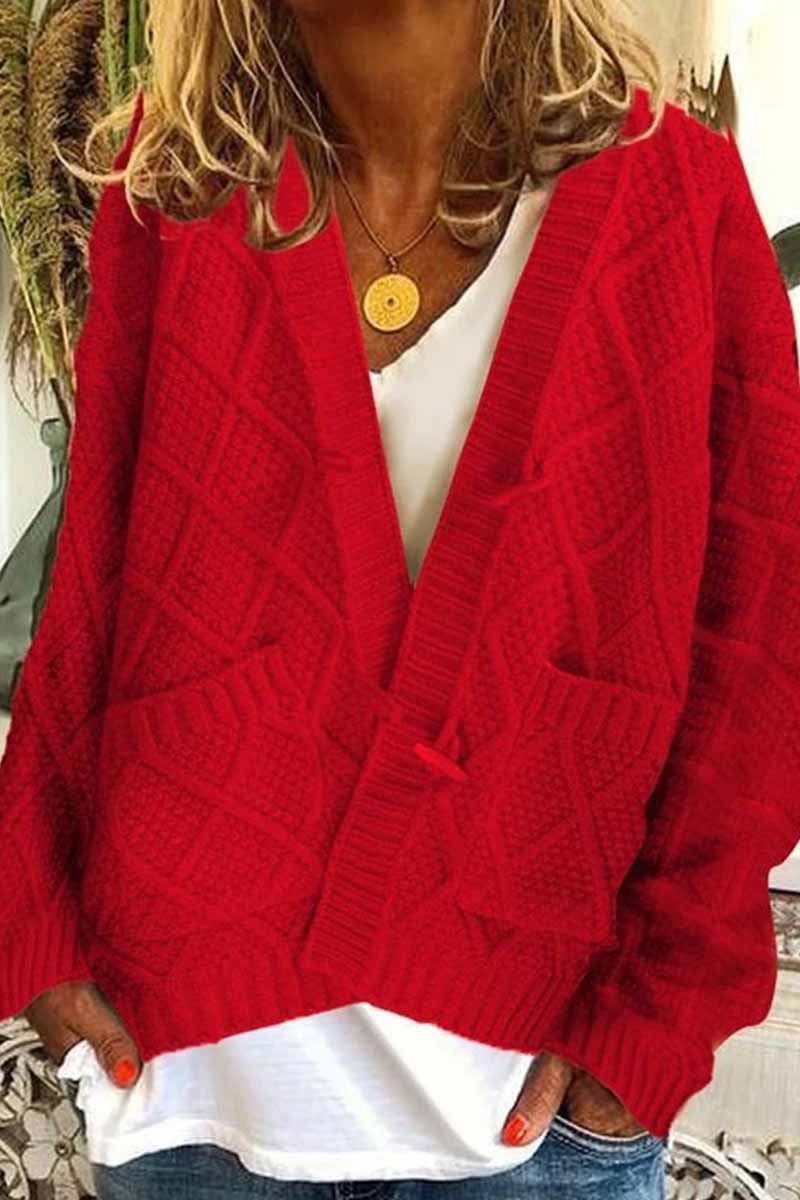 Florcoo Solid Ribbed Horn Buckle Pockets Cardigan(4 Colors)