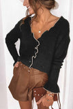 Florcoo Casual Solid Color V-Neck Ruffled Knit Cardigan