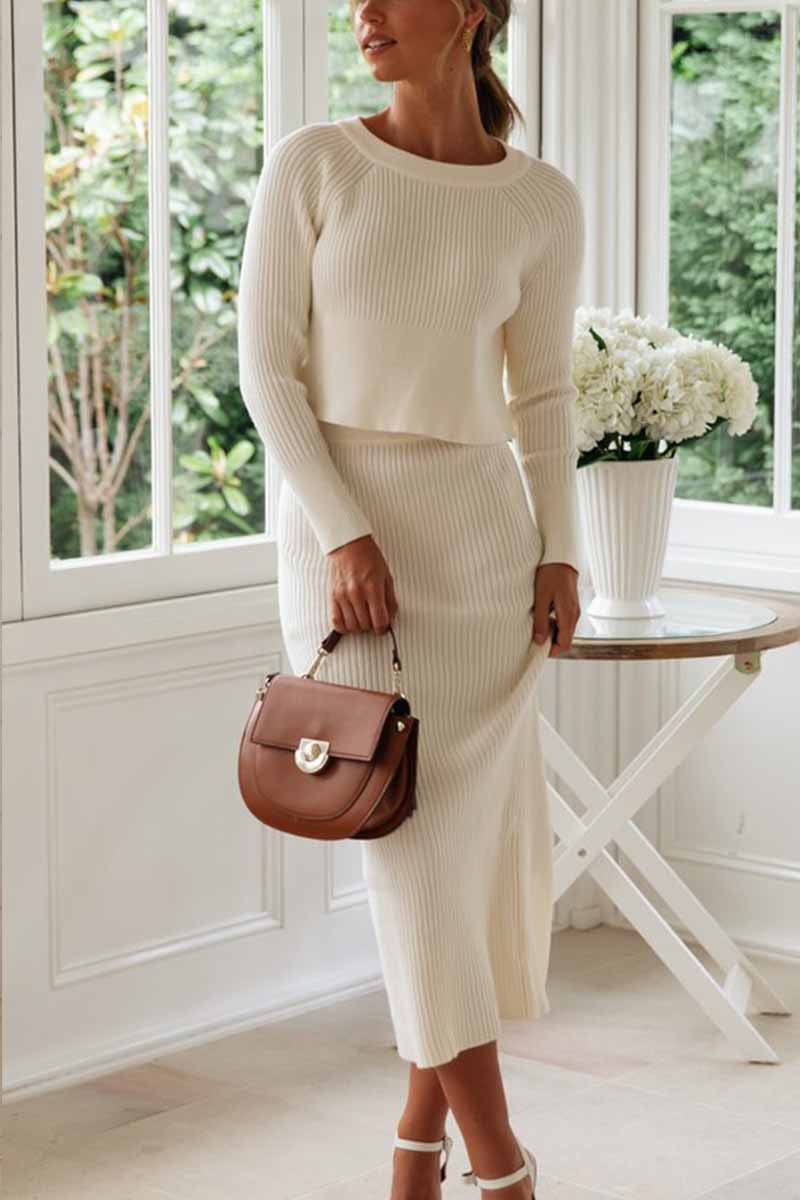 Florcoo Knitted Solid Color Sweater Skirt Suit