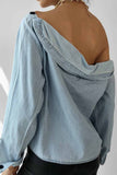 Florcoo Spring Button-Neck Off-Shoulder Long-Sleeved Denim Shirt