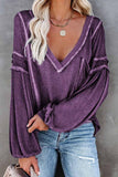 Florcoo Solid Color Pullover V-Neck Bubble Long Sleeves Tops(4 Colors)