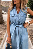 Florcoo Sleeveless Lace-Up Single-Breasted Denim Midi Dress