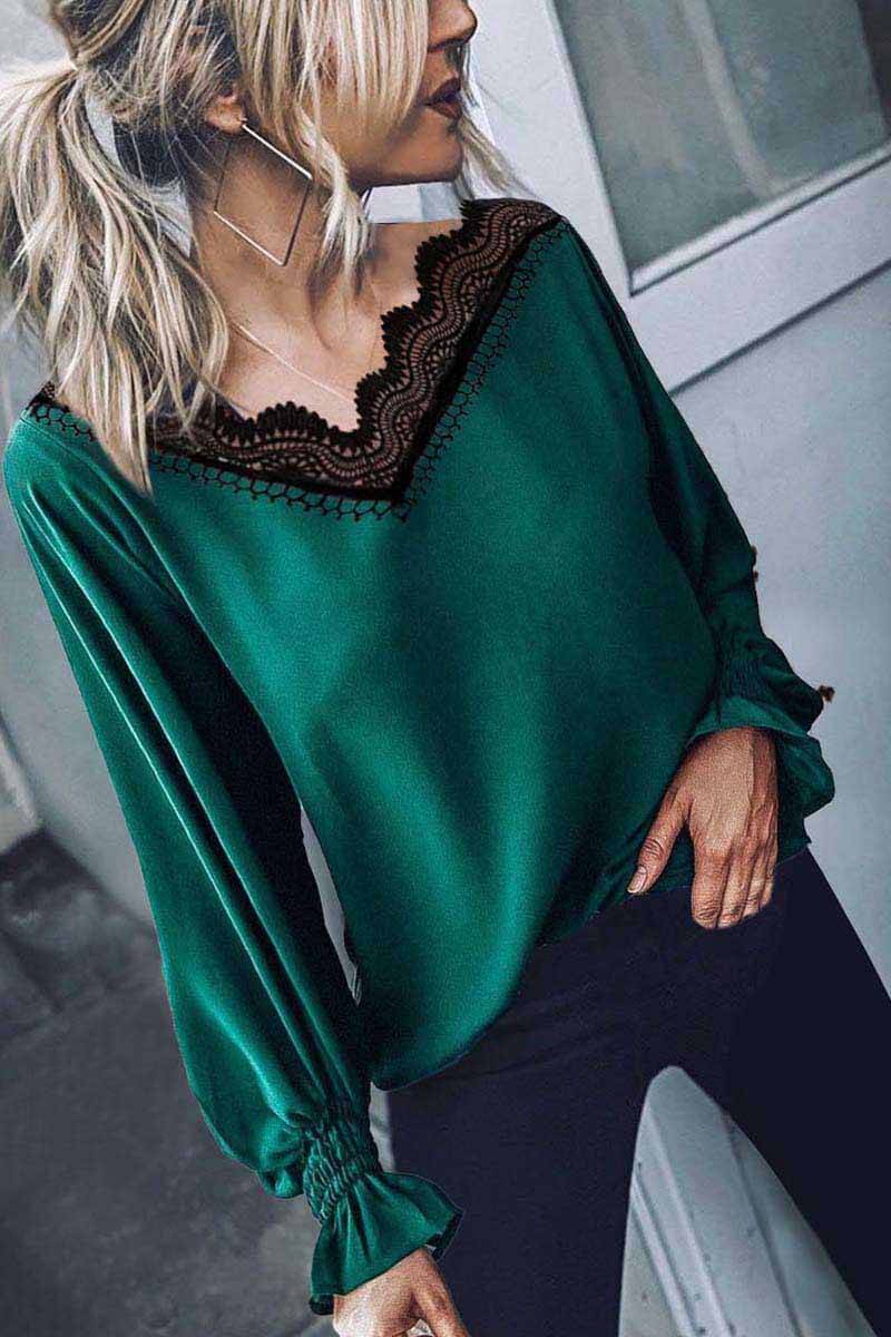 Florcoo Lace V-Neck Long Sleeve Tops