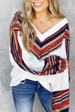 Florcoo Loose V-neck Contrast Striped Top