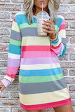 Florcoo Rainbow Long Sleeve Stripes Mini Dresses
