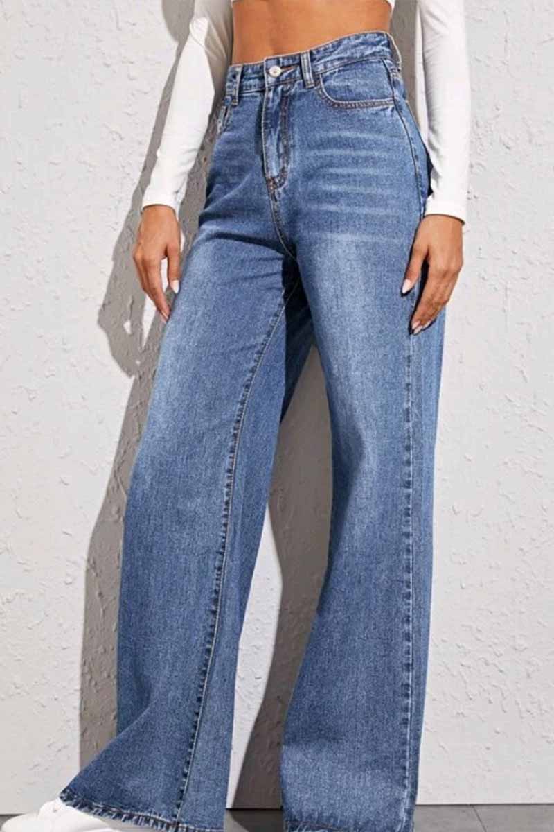 Florcoo Solid Loose Blue Denim Trousers