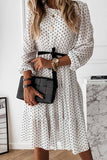 Florcoo Elegant White Black Dot Print Round Neck Tie Midi Dress