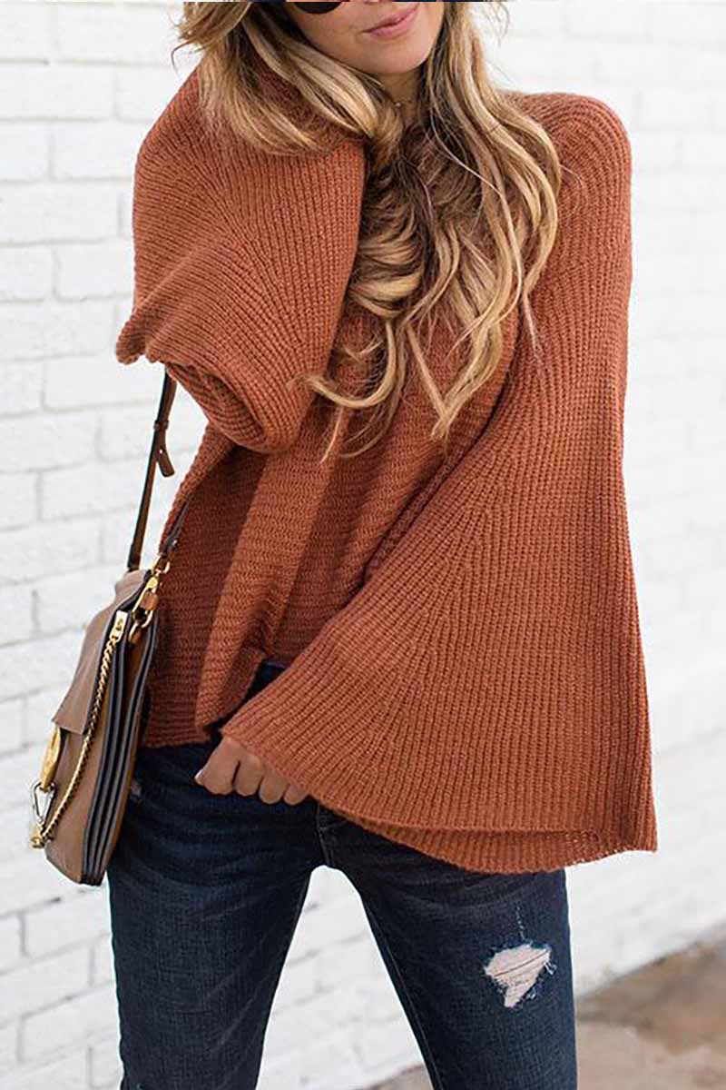 Florcoo Fashion Wide Sleeve Knitted Sweater