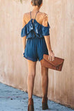 Florcoo Solid Color Slub Cotton Sling Ruffled Backless Jumpsuit