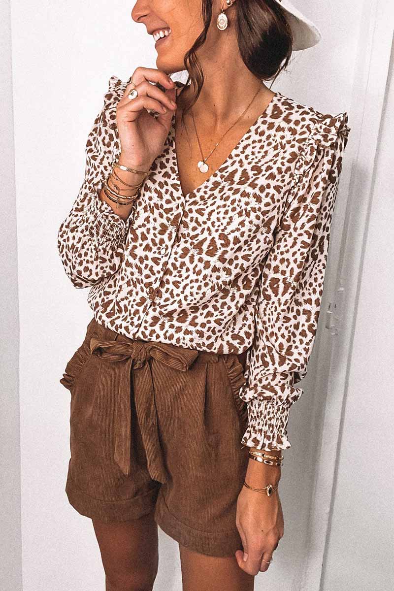 Florcoo V-Neck Spotted Leopard Print Long-Sleeved Shirt