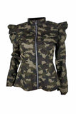 Florcoo Stand-up Collar Camouflage Ruffle Jacket