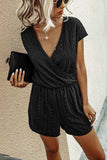 Florcoo Solid V Neck Short Sleeve Loose Jumpsuit