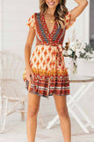 Florcoo Spring And Summer Fashion Retro V-Neck Print Short Sleeves Mini Dress