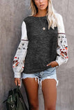 Florcoo Round Neck And Long Sleeves Embroidery Contrast Color Tops