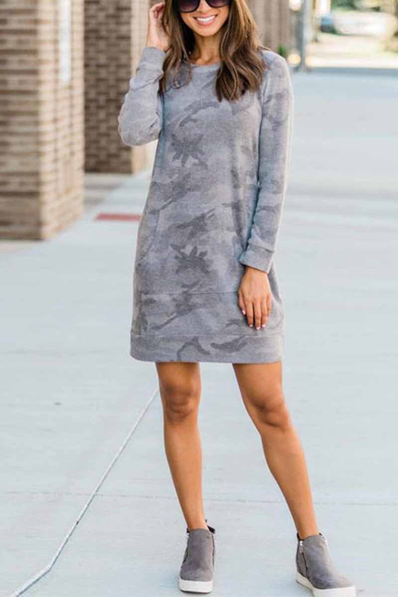 Florcoo Casual Loose Round Neck Camouflage Mini Dress