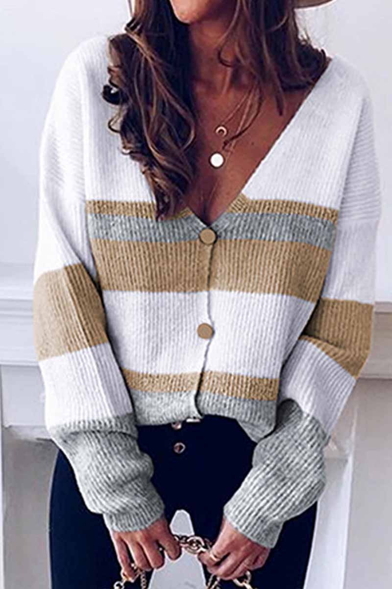 Florcoo Long Sleeve V Neck Color-Block Sweater