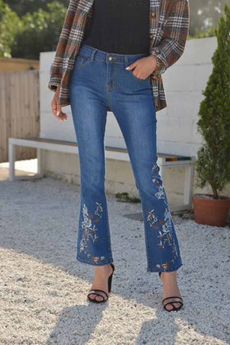 Florcoo Denim High Waist Embroidered Trousers