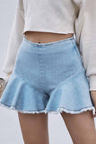 Florcoo High-Waisted Commuter Denim Ruffled Zipper Shorts