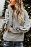 Florcoo Loose Round Neck Ruffled Long Sleeves Tops