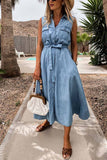 Florcoo Sleeveless Lace-Up Single-Breasted Denim Midi Dress