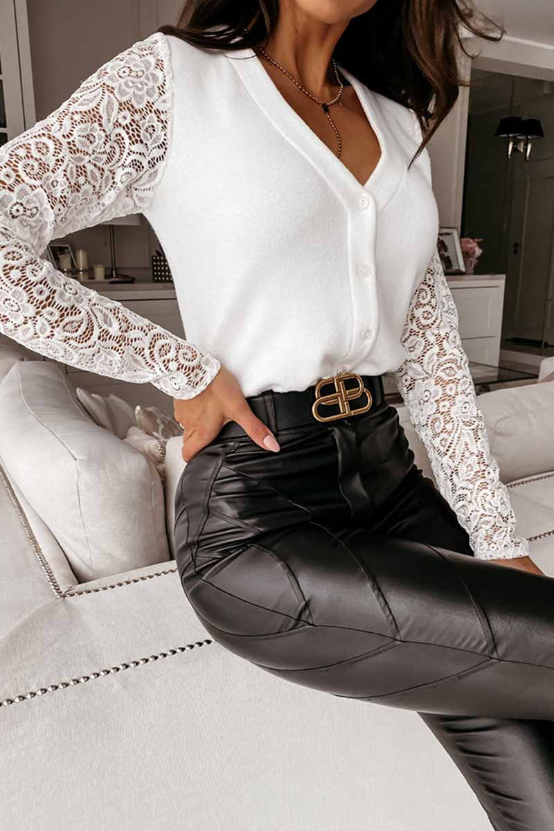 Florcoo Sexy V-Neck Lace Stitching Long Sleeves Tops