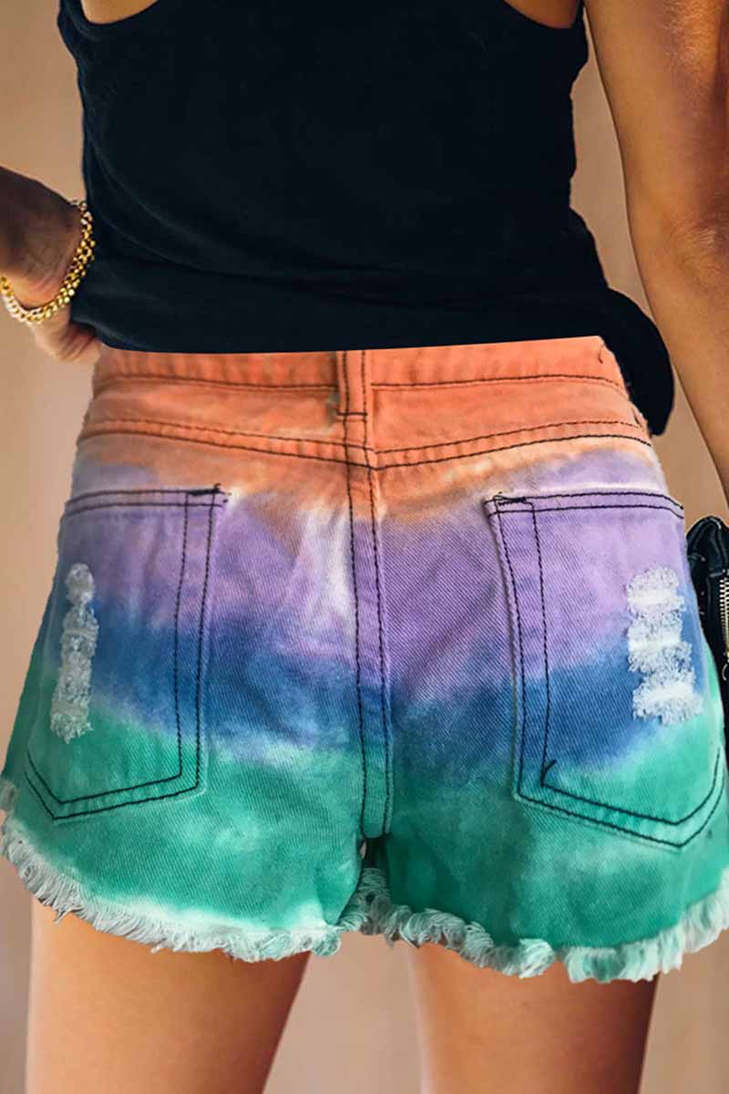 Florcoo Summer Tie-Dye Color Denim Shorts
