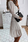 Florcoo Elegant White Black Dot Print Round Neck Tie Midi Dress