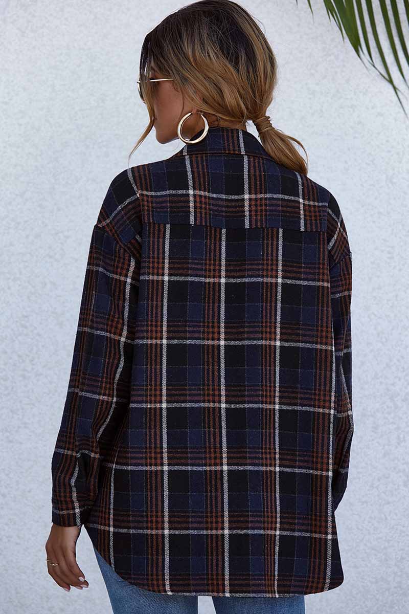 Florcoo Lapel Long Sleeve Single Breasted Plaid Tops