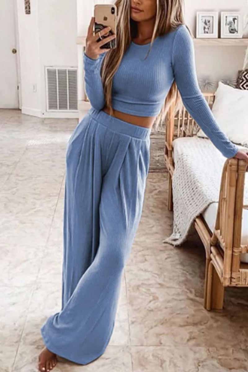 Round Neck Long Sleeves Wide Legs Two-Piece(4 Colors)