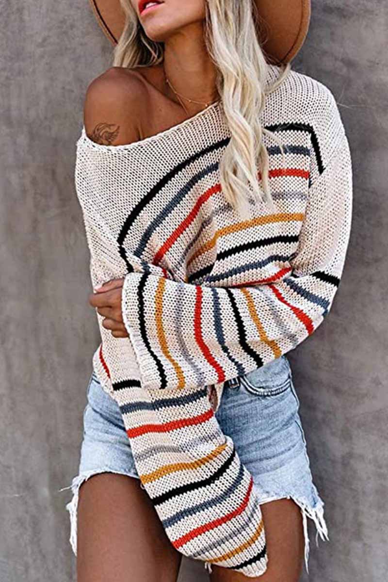 Florcoo Fashion Colorful Pattern One-Neck Strapless Sweater